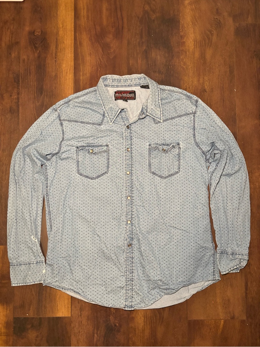 Rock & Roll Cowboy Men’s XL Blue Geometric Western Pearl Snap Shirt